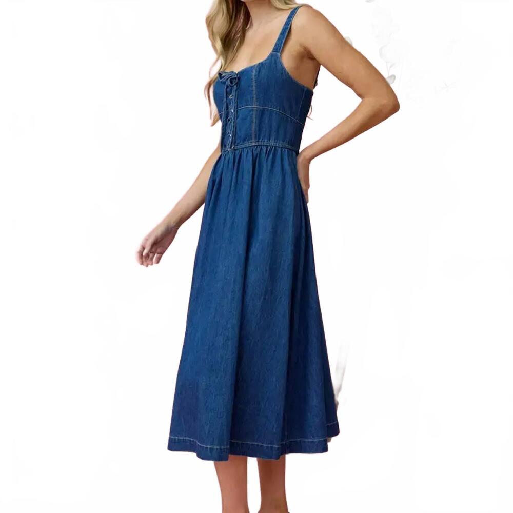 NEW BLU PEPPER lace up sleeveless midi dress in denim - Picture 3 of 4